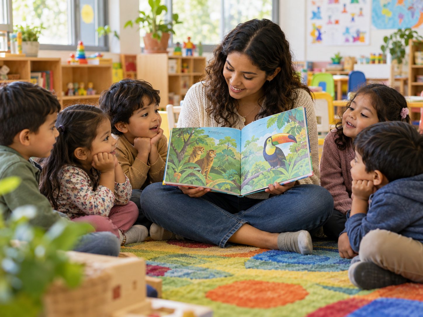 Profesora leyendo un cuento a un círculo de niños