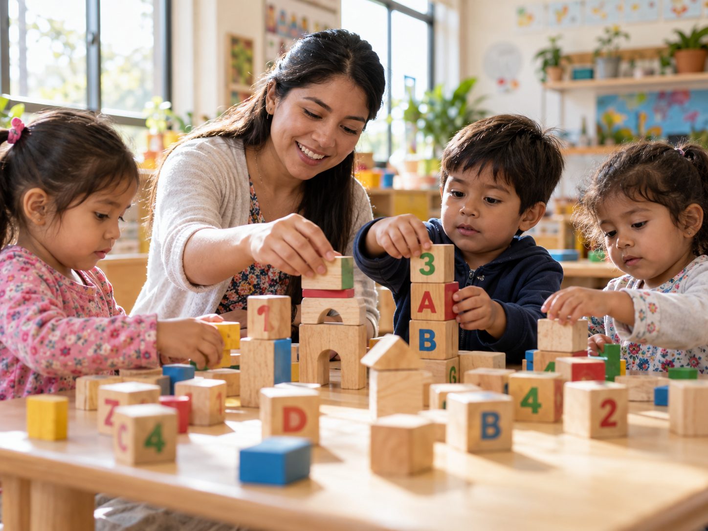 Una profesora ayuda a niños a armar con bloques de letras y números