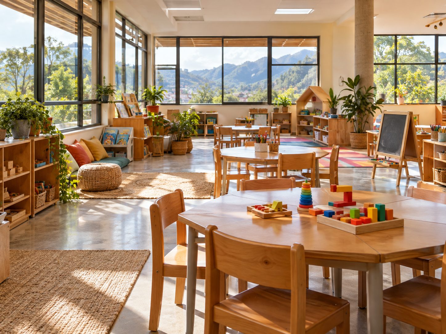 Aula amplia y luminosa con rincones de aprendizaje