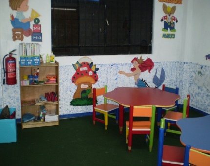 Aula decorada con rincones de juego