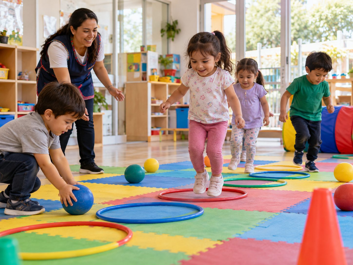Niños en una actividad de psicomotricidad con aros y pelotas