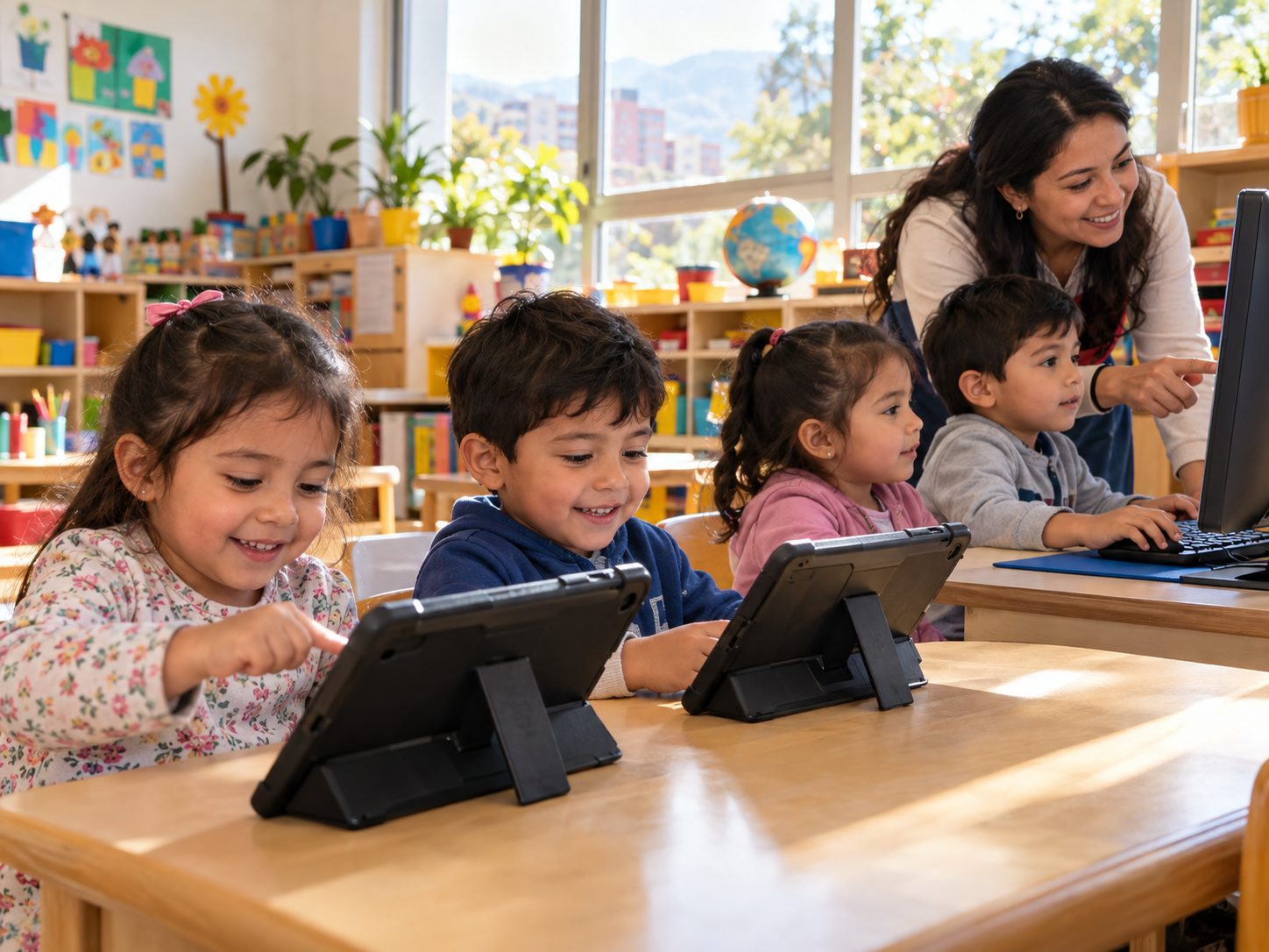 Niños usando tablets con su profesora en la sala tecnológica