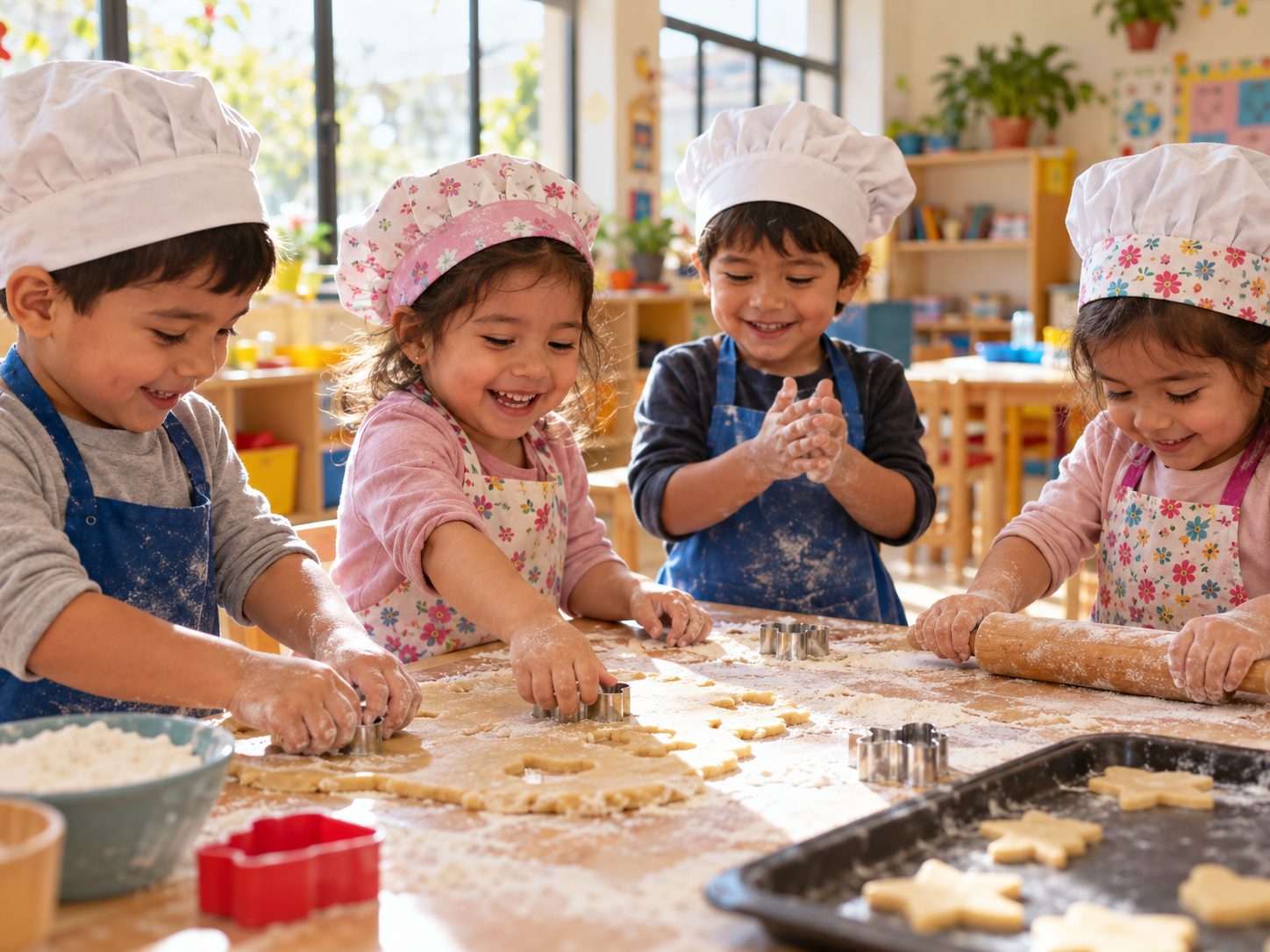Niños con gorros de chef preparando galletas